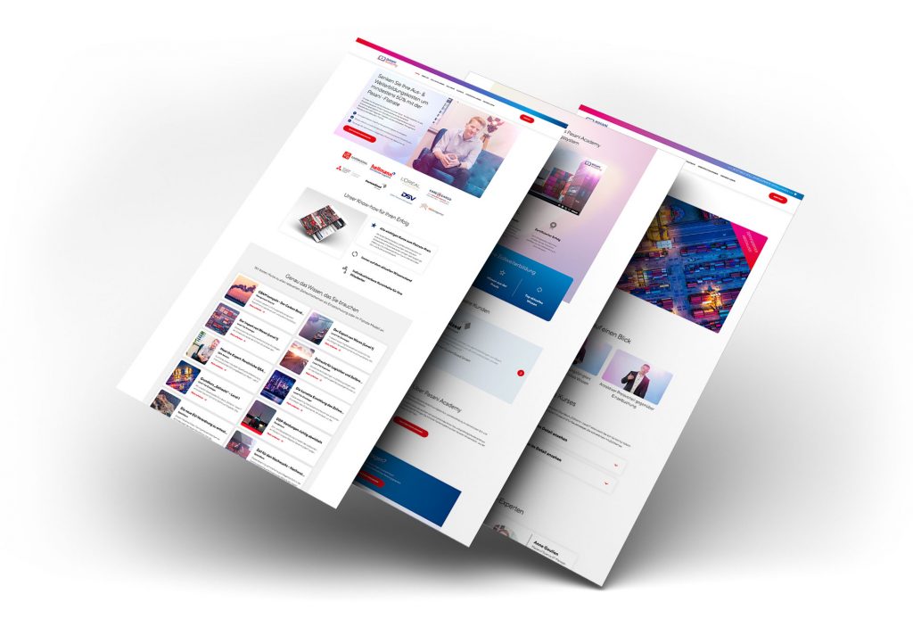 Es werden drei übereinander gestapelte Webseiten angezeigt, die einen Mix aus Text, Bildern und verschiedenen Abschnitten präsentieren – ein Beispiel für den innovativen Stil des Webshops der Pasani Academy, wenn dieser von breed.design gestaltet wird.